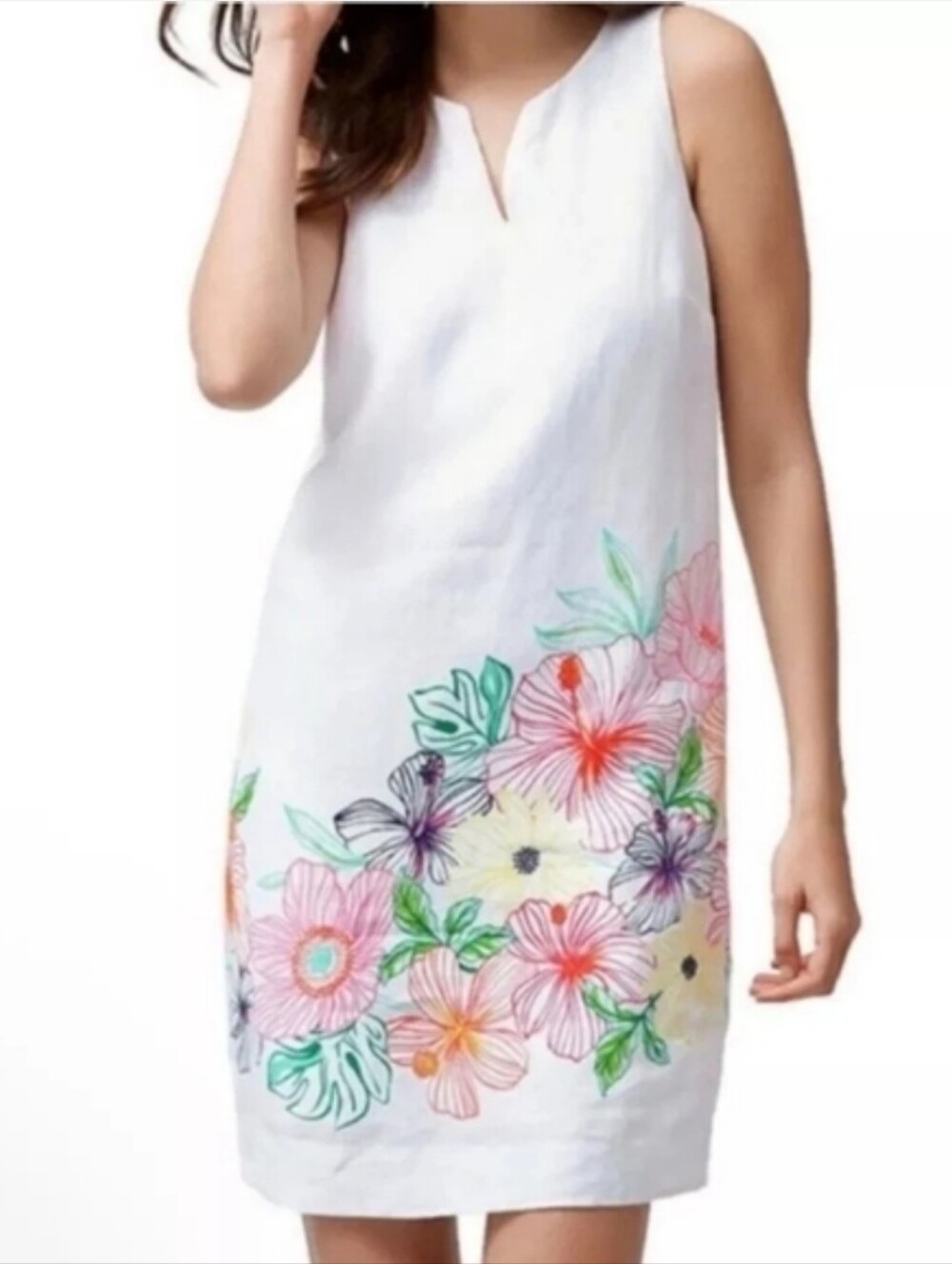 Tommy Bahama Sleeveless White Linen Floral Shift Dress, Size Small